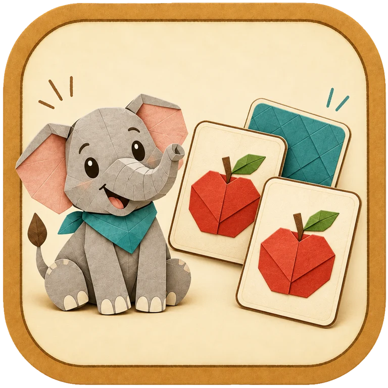 Memory’s paper elephant icon with illustrated matching cards.