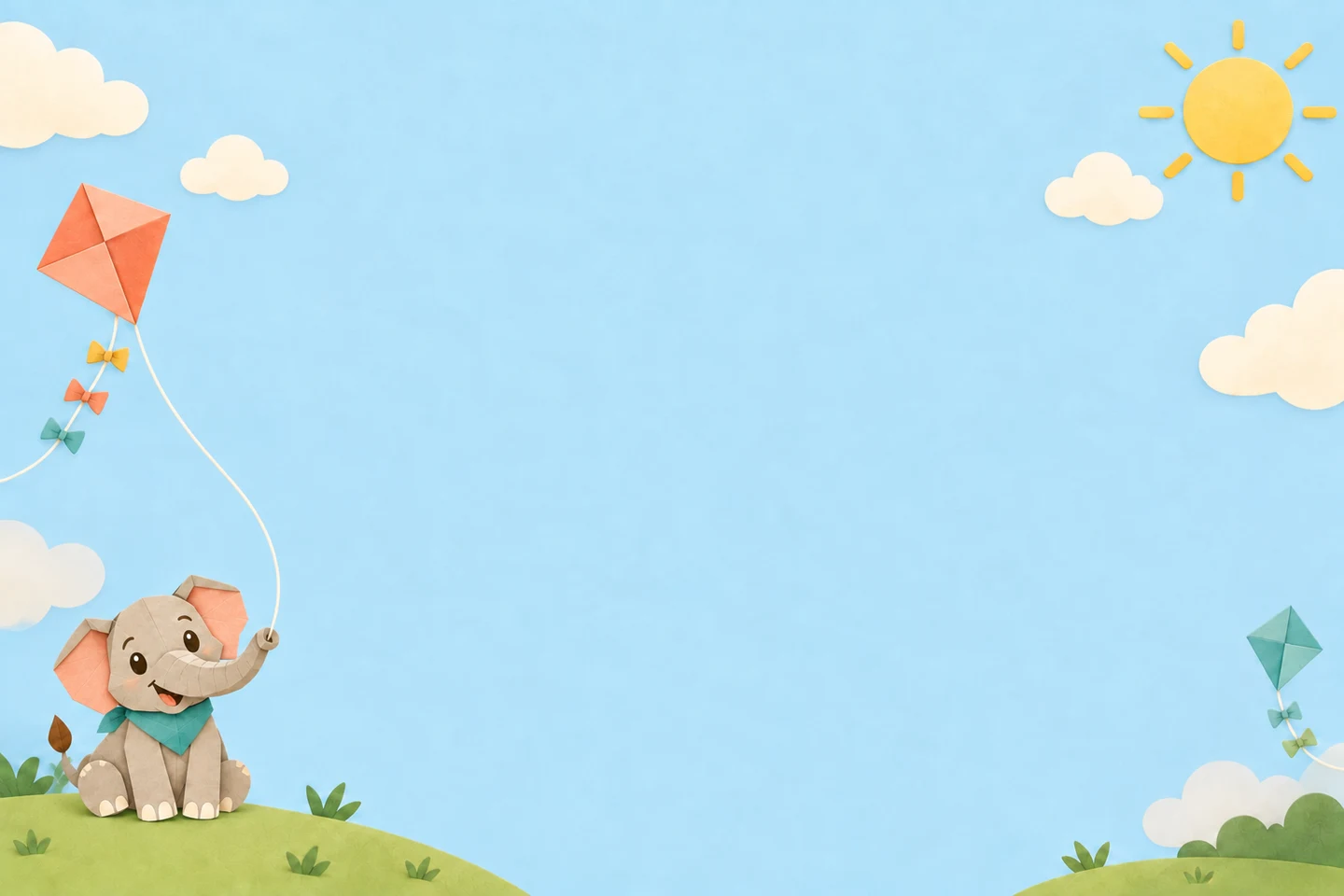Paper elephant flying a kite in Memory’s blue-sky world.