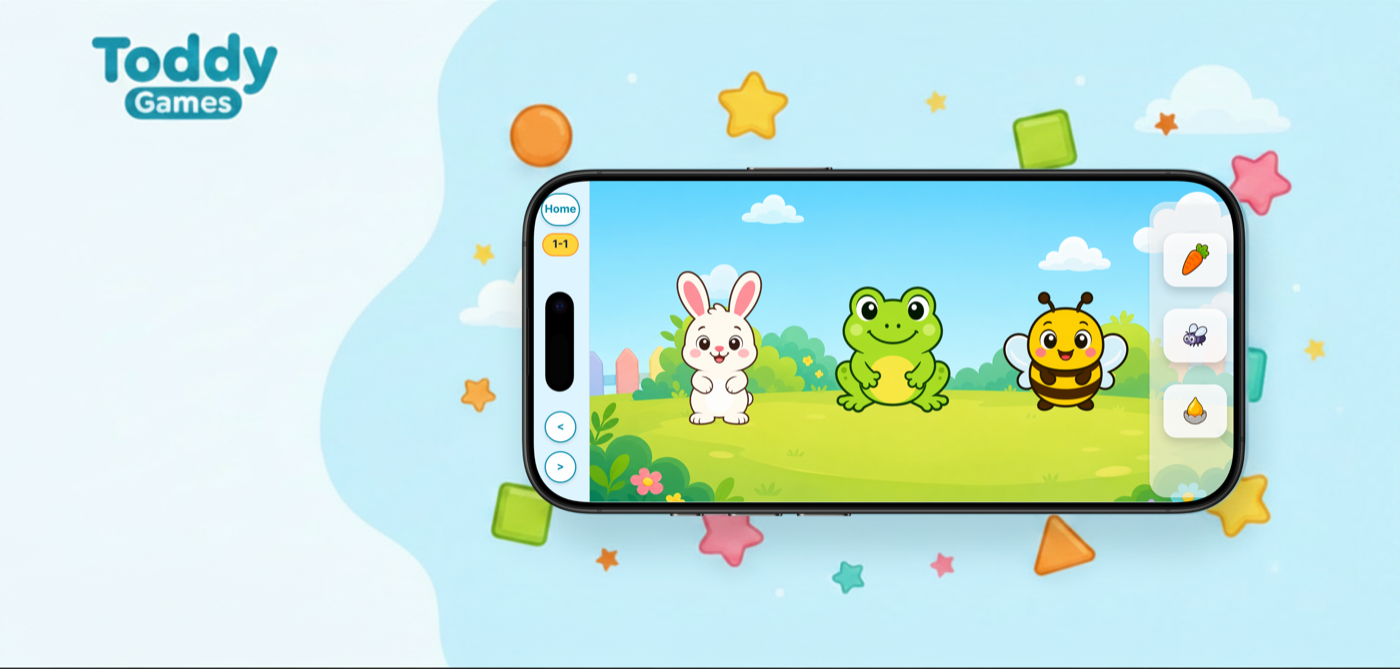 Toddy Games app preview showing friendly puzzle activities with colorful characters.